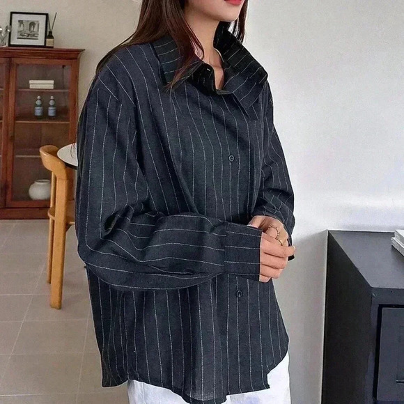 Blue Casual Women's Striped Print Drop Shoulder Shirt - Picture 4 of 5